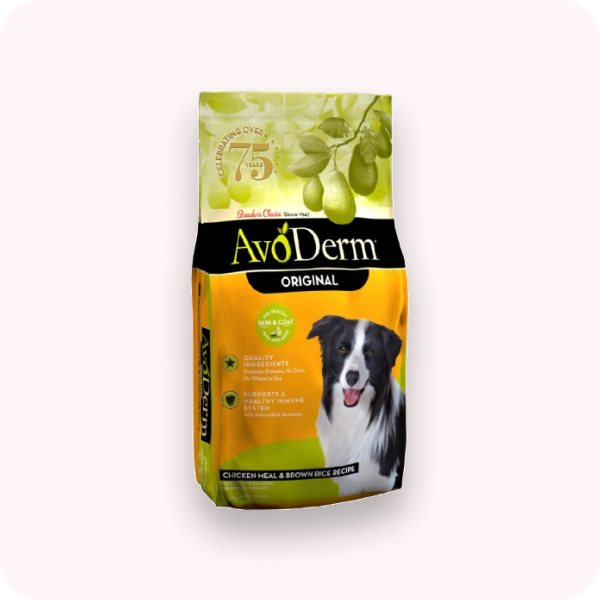 AvoDerm Dog Food package on a white background