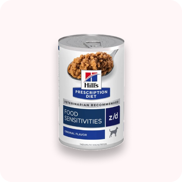 Can of Hills Prescription Diet z/d food sensitivities on a white background