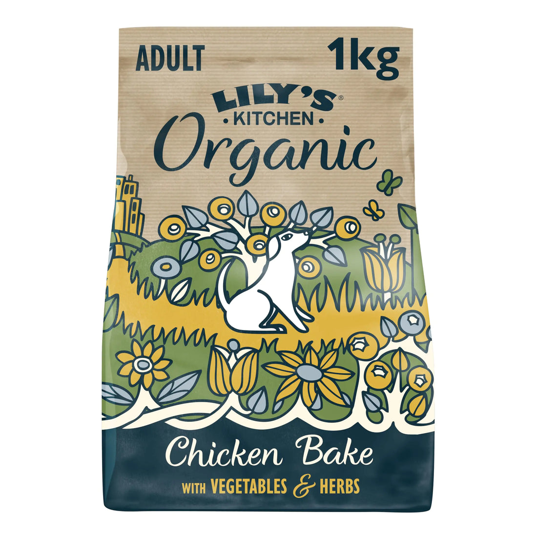 Lily's Kitchen Organic Chicken Bake with Vegetables and Herbs Dog Food package on a white background