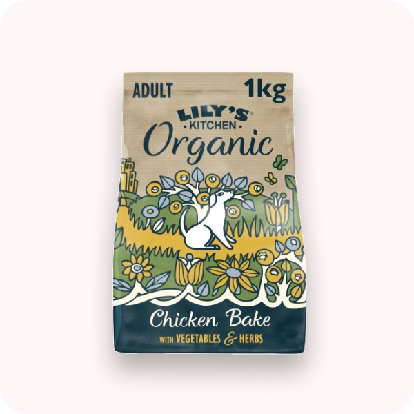 Lily's Kitchen Organic Chicken Bake with Vegetables and Herbs Dog Food package on a white background