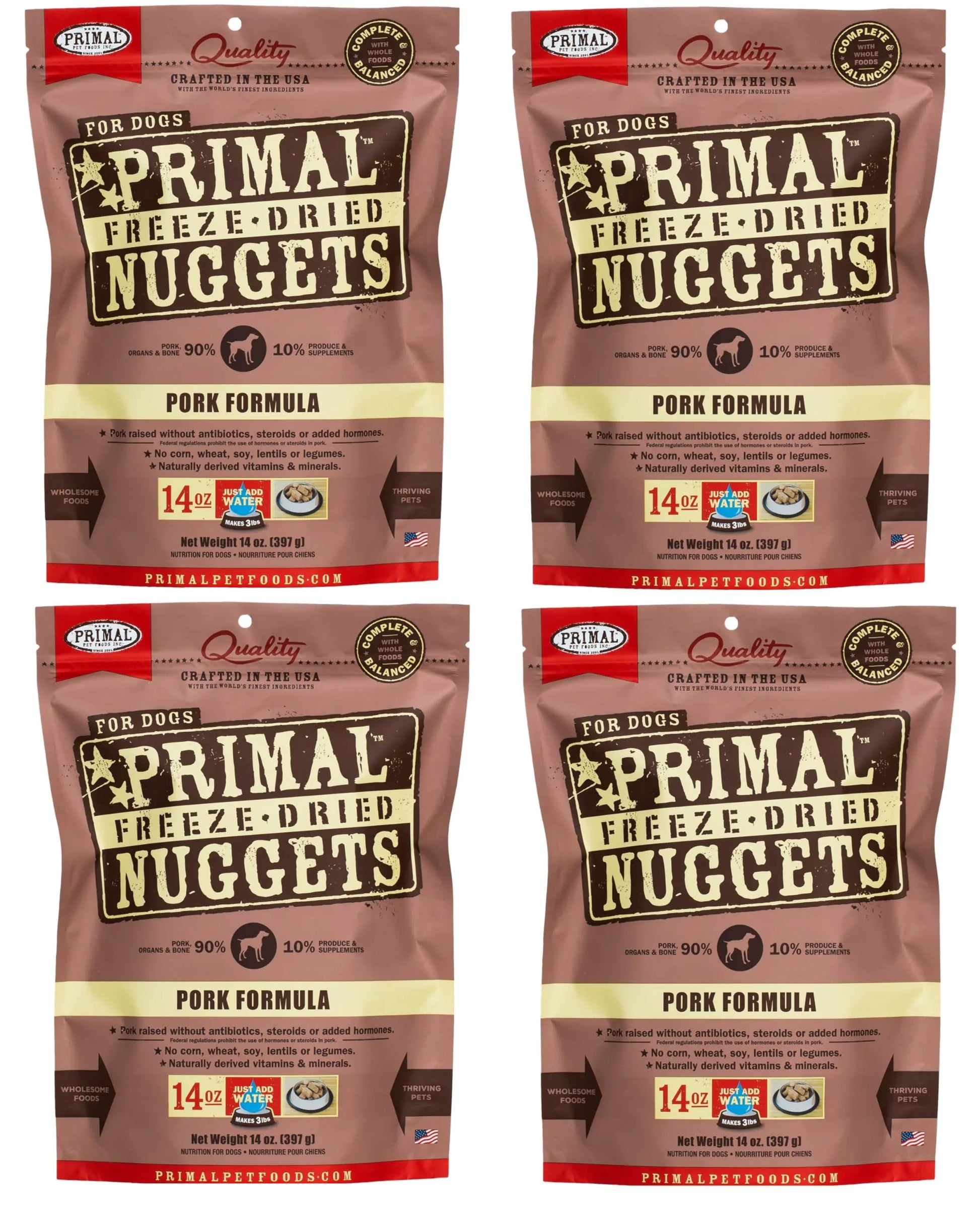 Four packages of Primal Freeze-Dried Nuggets Pork Formula for Dogs on a white background