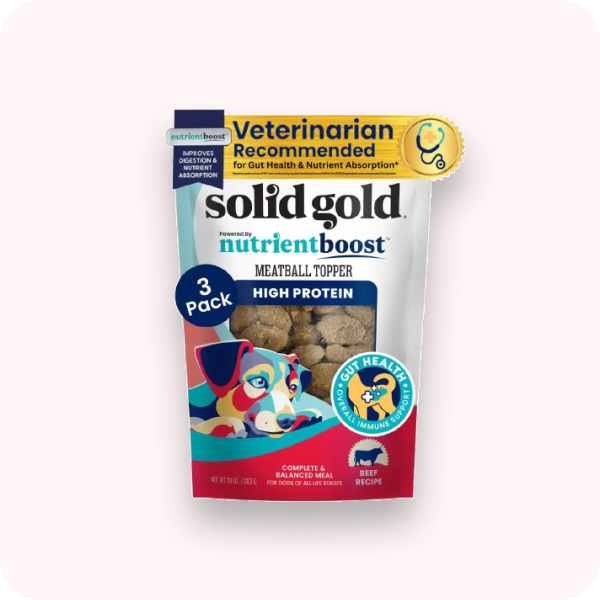 Solid Gold Nutrient Boost meatball topper packaging on a white background