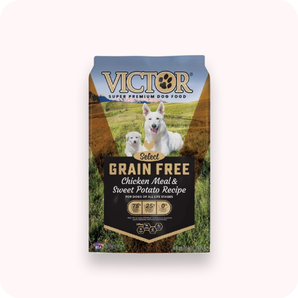 Victor grain-free dog food package with a white dog on a grassy field