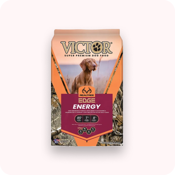Victor Super Premium Dog Food package with a dog on the label on a white background
